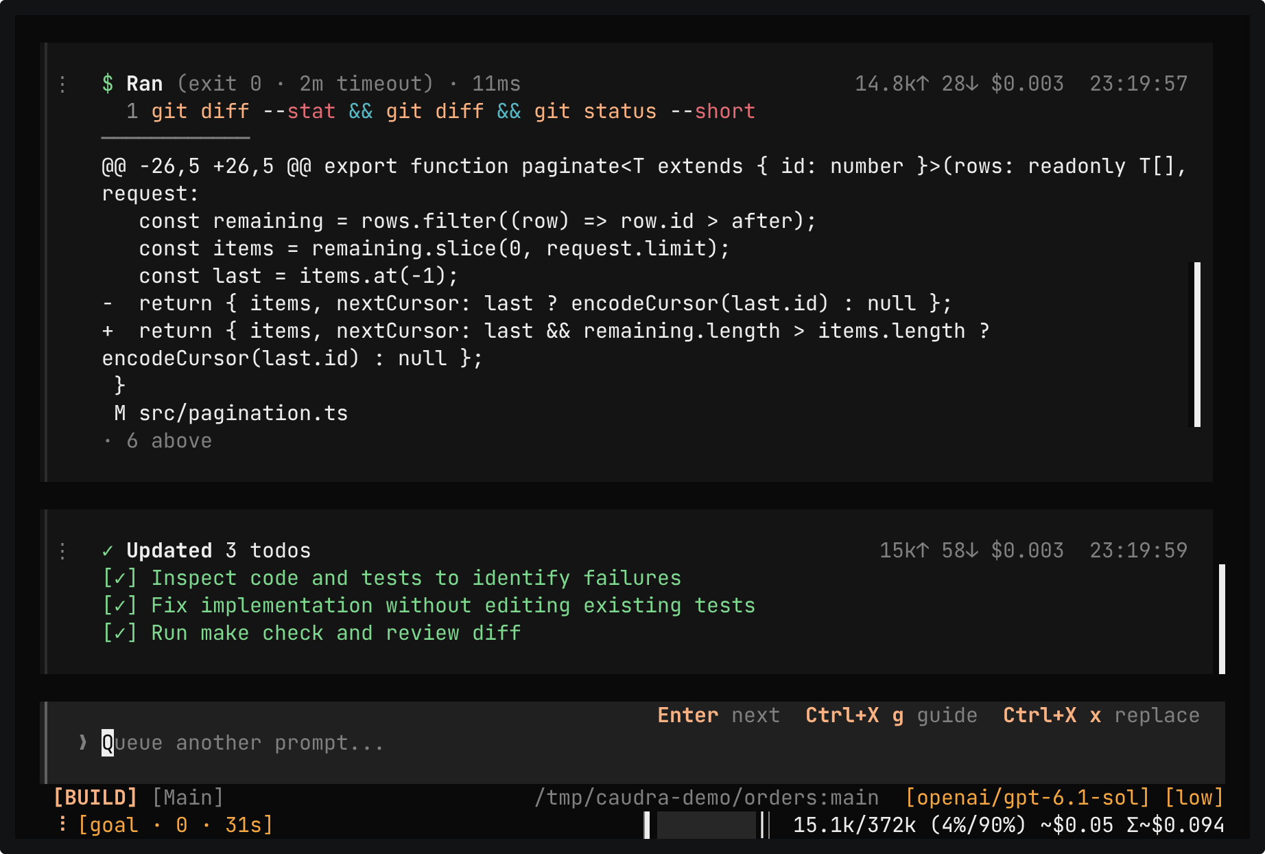 Excerpt of Work toward a goal. The agent reports that make check exited 0 with 7 tests passed. The footer shows the active goal and then Evaluating goal, and the transcript ends with Goal achieved: make check exited 0 with all 7 tests passing.