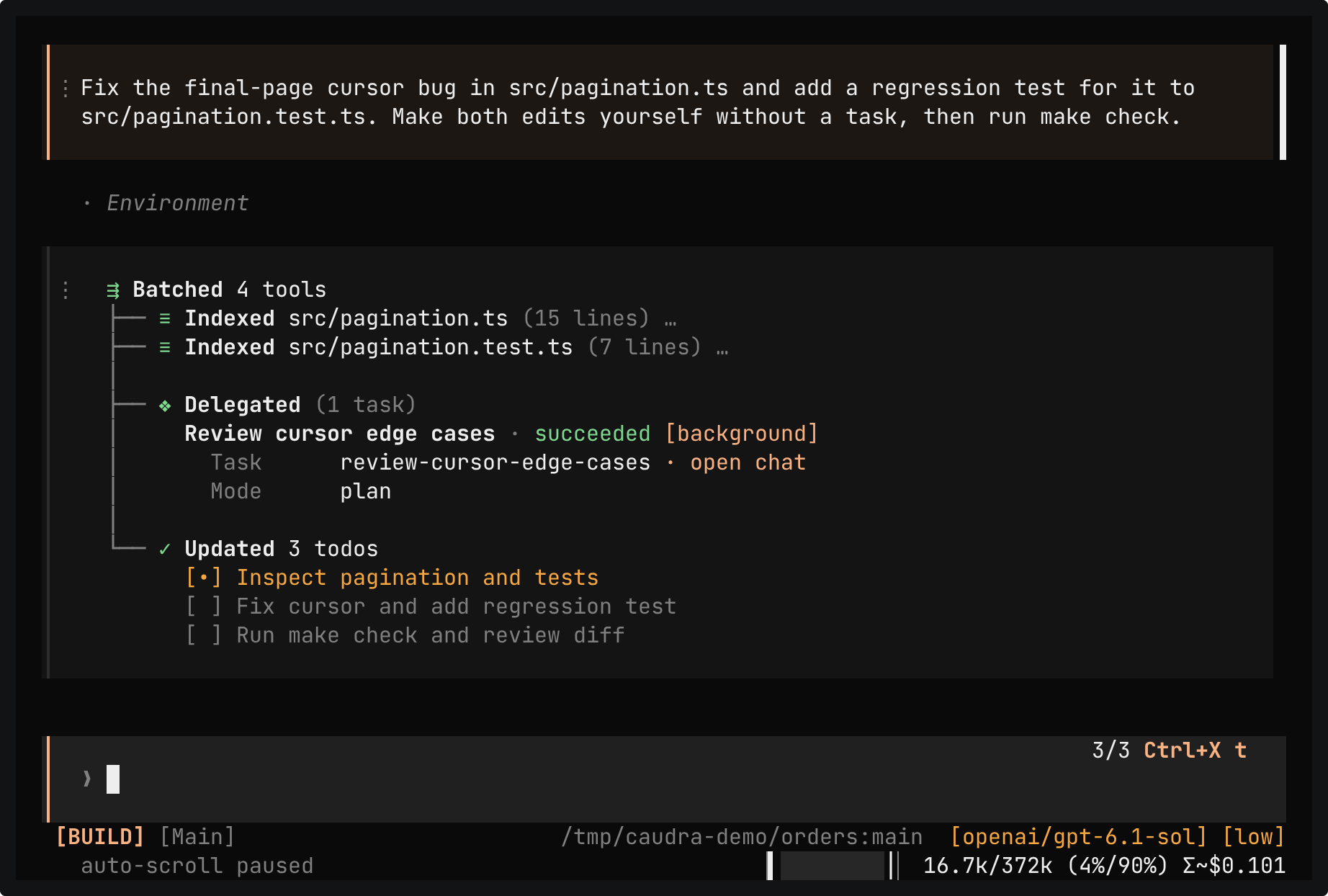 Excerpt of Revert files from a message. The message menu opens beside the first tool batch of the reply, and Revert files reports 0 created, 2 replaced, 0 deleted. Repeat to confirm. Then the menu opens again.