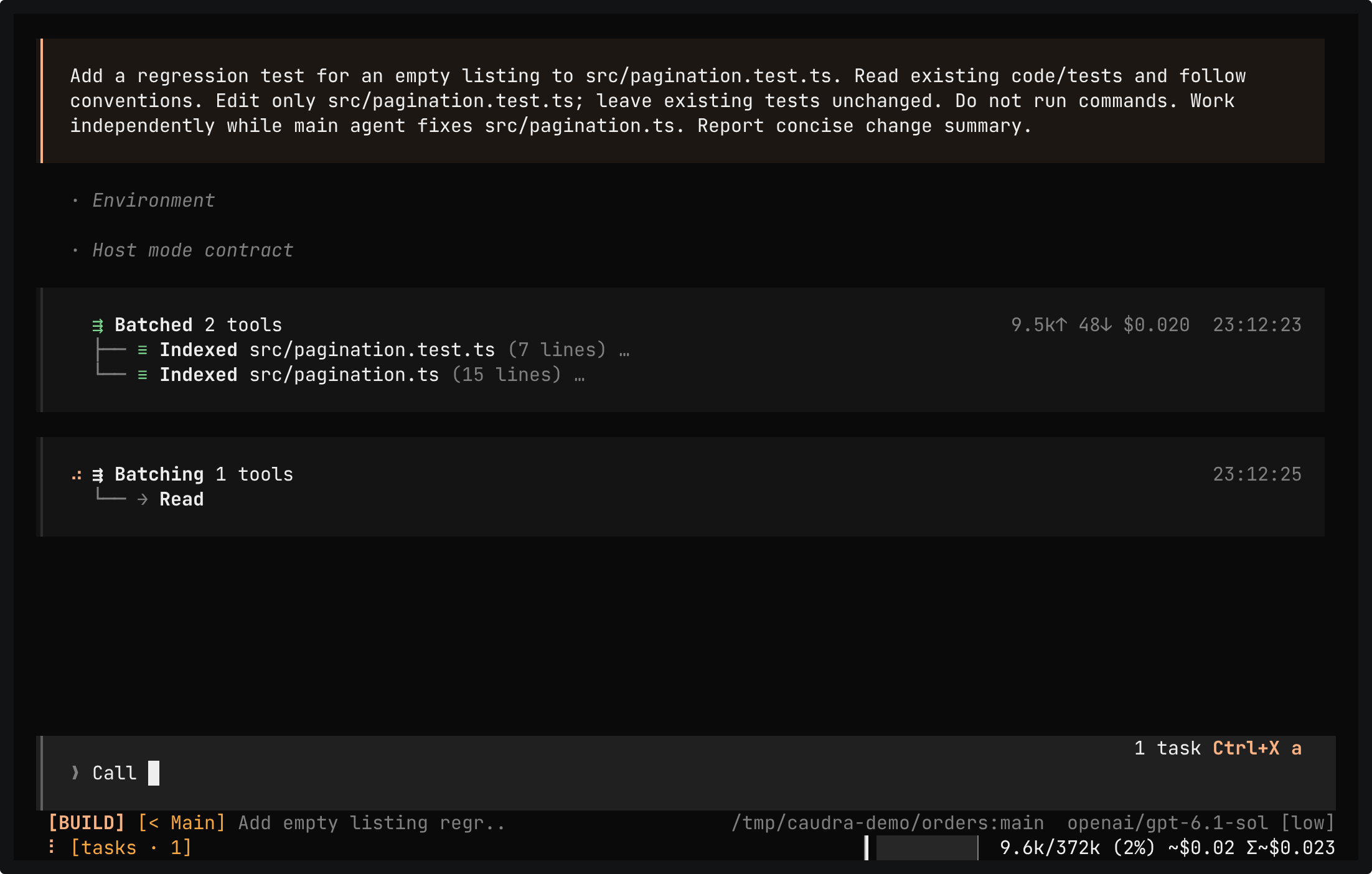 Excerpt of Guide a running subagent. In the chat of a background task, you ask the subagent to call the new test an empty listing has no next cursor while it reads the source files and patches src/pagination.test.ts. The guidance waits in the task queue under Guide.