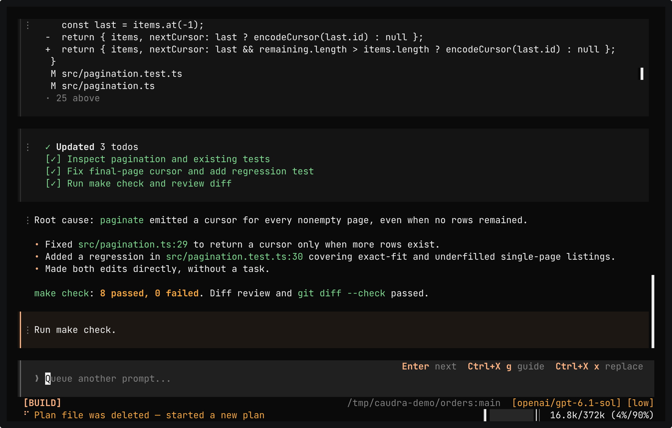 Excerpt of The workbench beside a session. While the session runs make check again, the workbench opens with the two changed files in source control on the left. Then the diff of src/pagination.ts opens on the right, with the change at line 29.