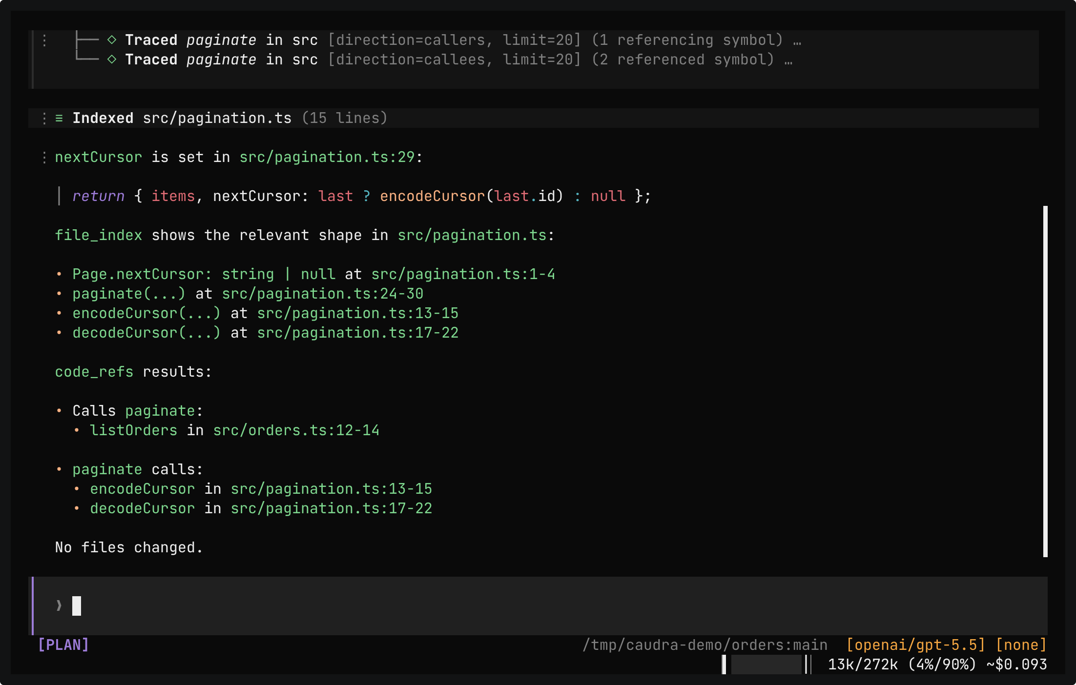 The answer under two Traced paginate rows, one for callers and one for callees, and Indexed src/pagination.ts. It shows that nextCursor is set at src/pagination.ts:29, the outline of src/pagination.ts with line ranges, listOrders in src/orders.ts:12-14 as the caller, and encodeCursor and decodeCursor as callees. It ends with No files changed.