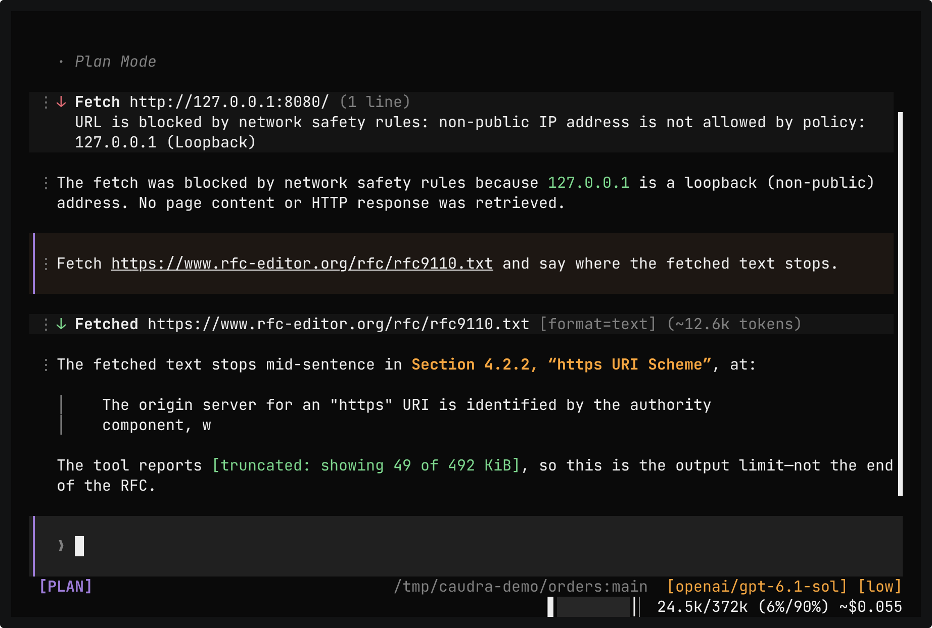 The fetch card for http://127.0.0.1:8080/ reads URL is blocked by network safety rules: non-public IP address is not allowed by policy: 127.0.0.1 (Loopback). Below it, RFC 9110 arrives as about 12.6k tokens, and the reply says that the text stops mid-sentence in Section 4.2.2 and quotes the line [truncated: showing 49 of 492 KiB].