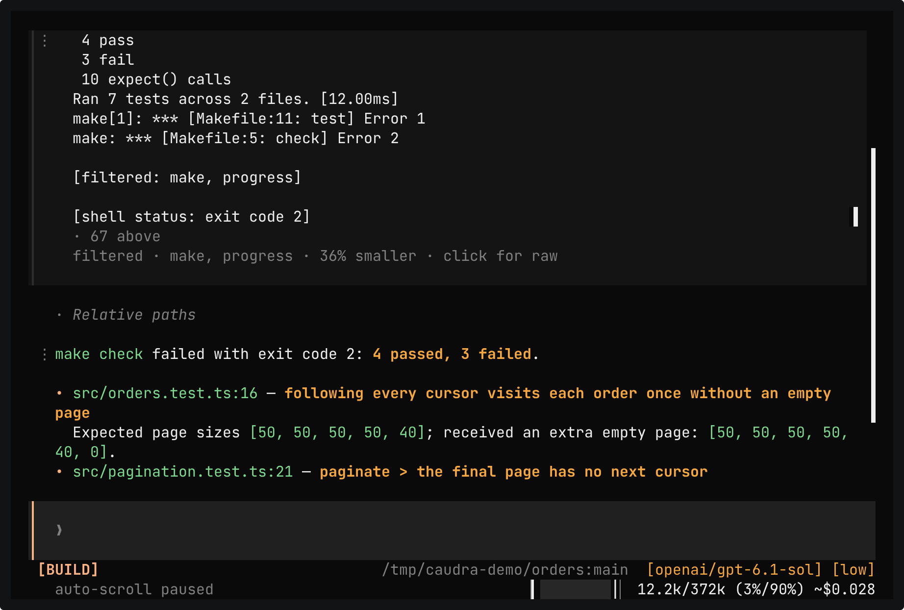 Caudra after make check failed. The shell card footer reads filtered, make, progress, 36% smaller, click for raw. Below it, the reply reports 4 passed and 3 failed and starts the list of failing tests with src/orders.test.ts:16 and src/pagination.test.ts:21.