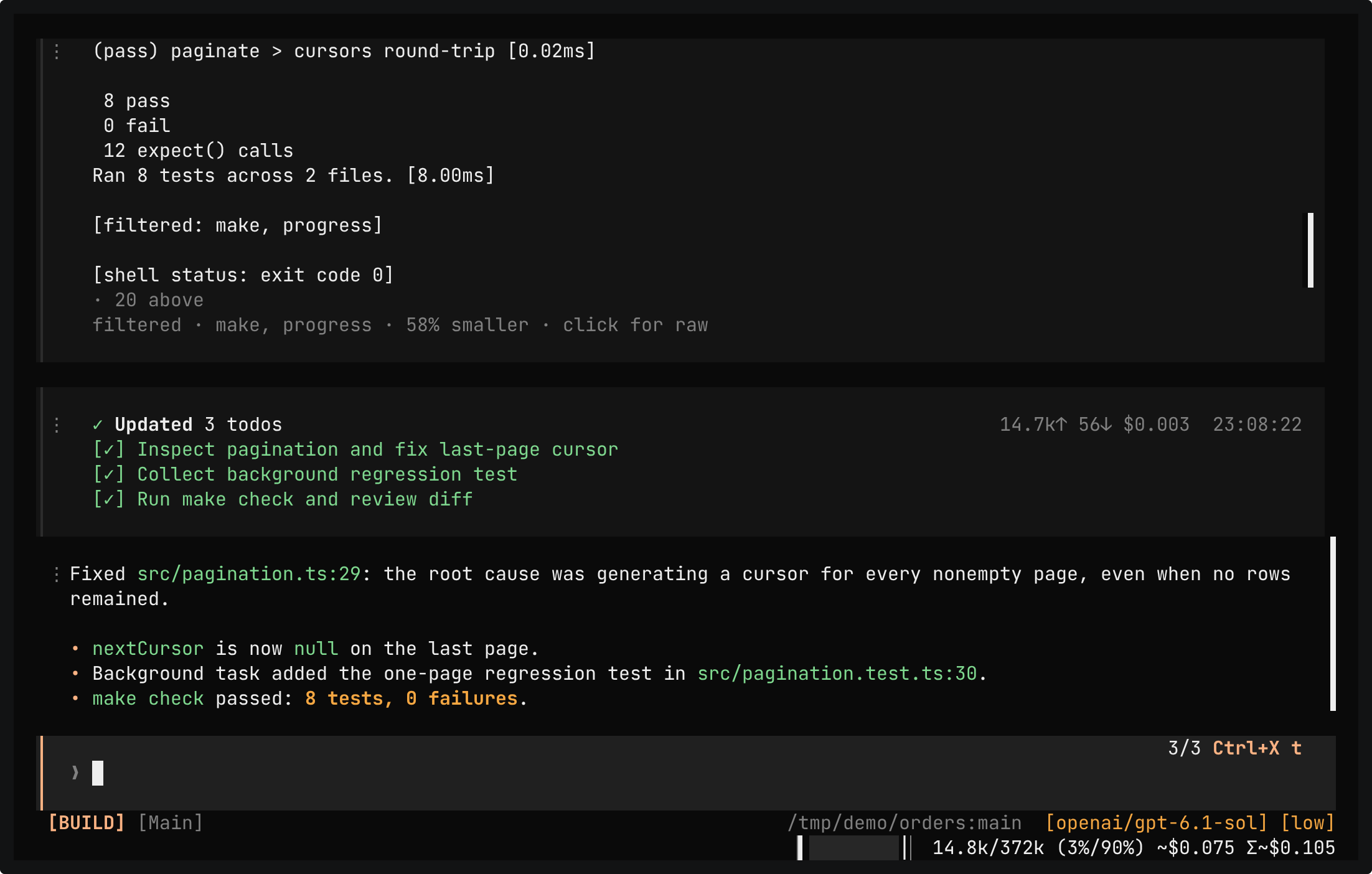 Caudra after the fix. The make check card shows 8 pass and 0 fail, and the make and progress stages made it 58% smaller. Below it, all three todos are done. The reply names the root cause at src/pagination.ts:29 and the one-page test that the background task added, and reports make check passed: 8 tests, 0 failures.