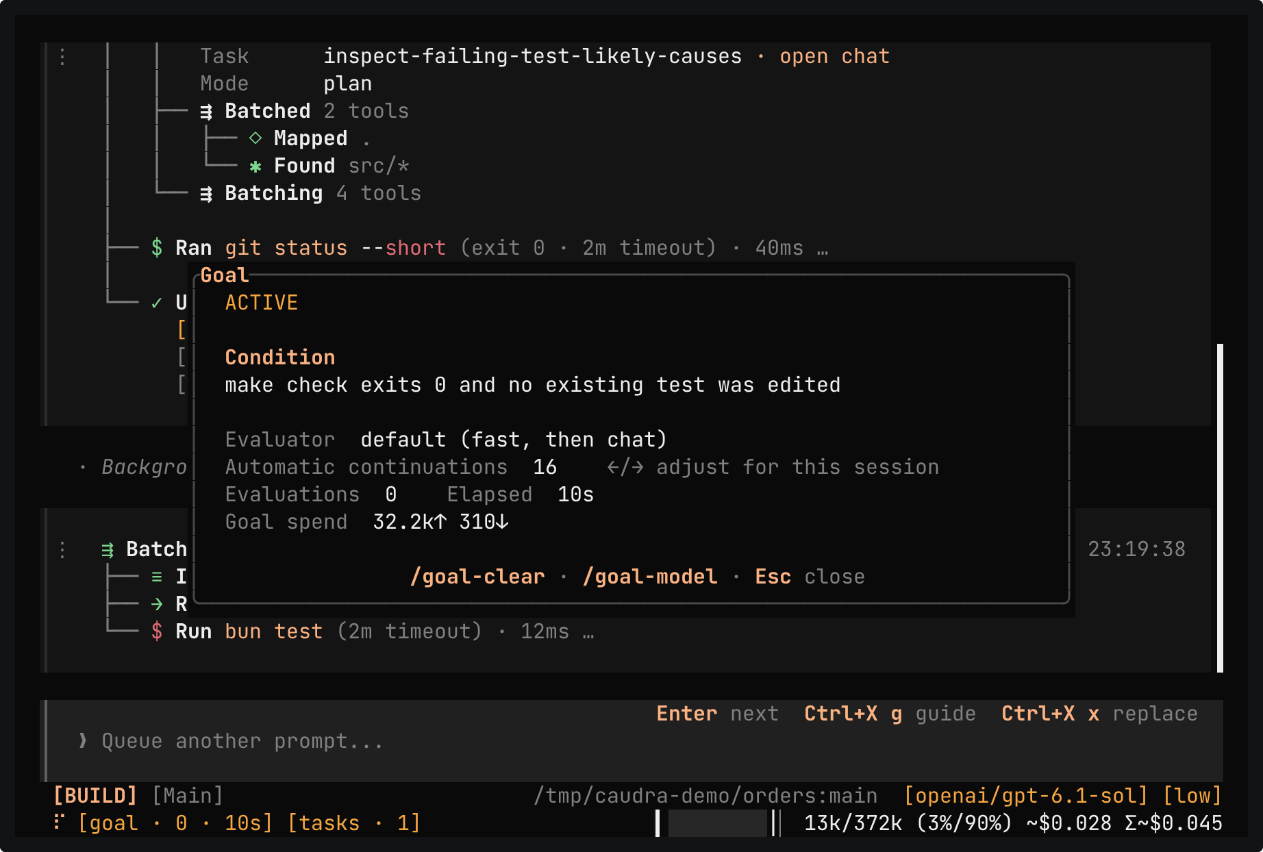 The goal panel over a working session. It reads ACTIVE, the condition make check exits 0 and no existing test was edited, the default evaluator, 16 automatic continuations, 0 evaluations after 10 s, and the goal spend so far.