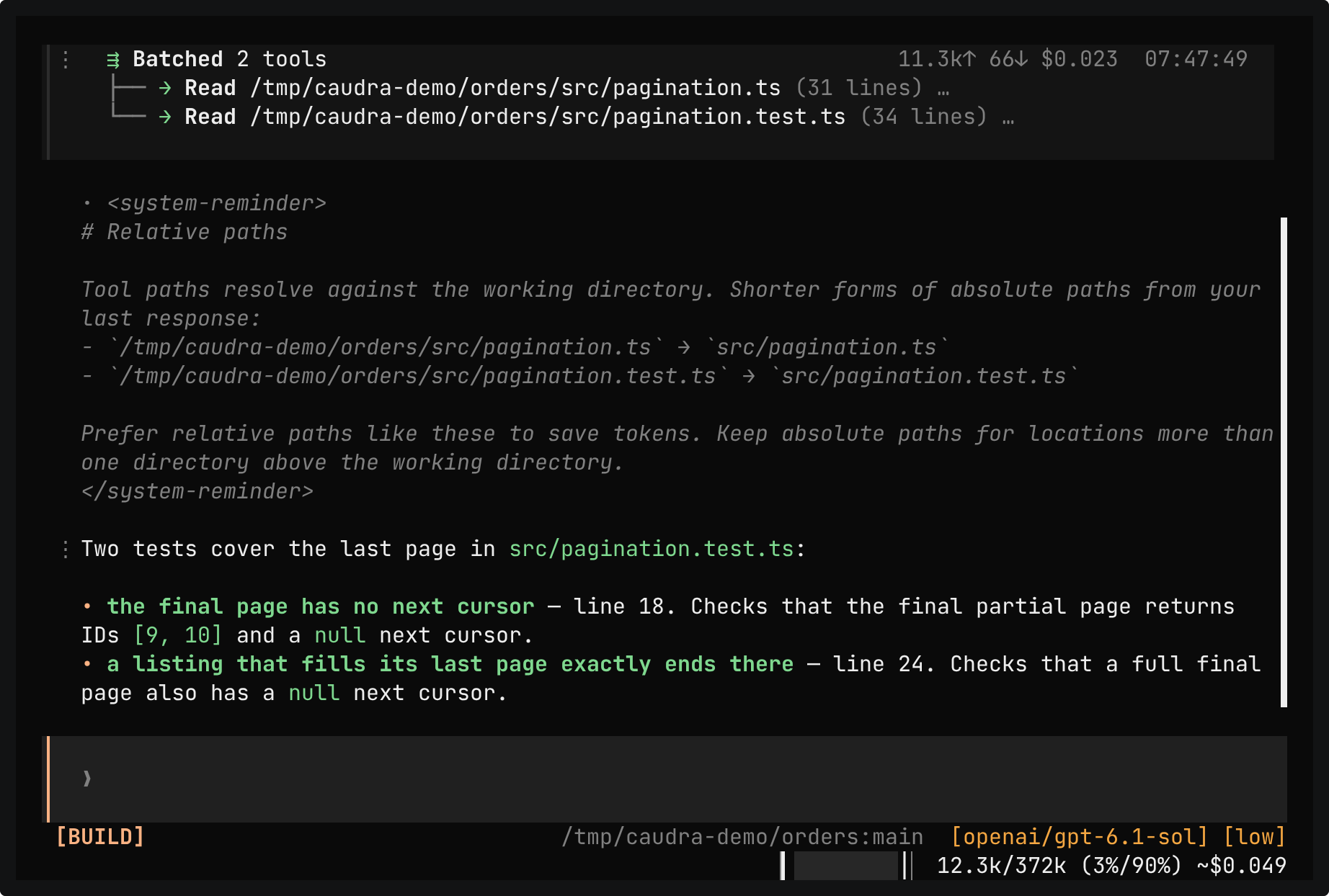 Two reads by absolute path, /tmp/caudra-demo/orders/src/pagination.ts and /tmp/caudra-demo/orders/src/pagination.test.ts. Below them, the opened Relative paths reminder lists the shorter forms src/pagination.ts and src/pagination.test.ts, and the reply names the two tests that cover the last page.