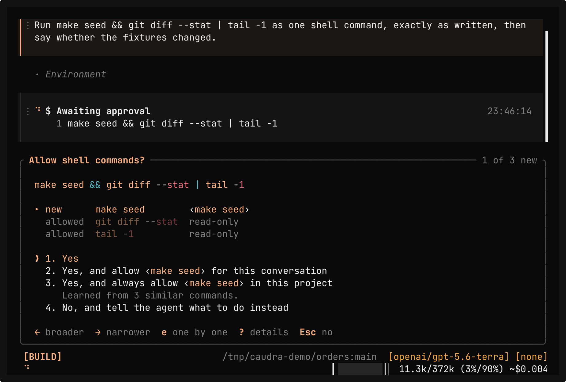 The Allow shell commands? prompt for make seed && git diff --stat | tail -1, with 1 of 3 new in its title. It marks make seed as new with the scope ‹make seed›, and git diff --stat and tail -1 as allowed and read-only. Below are four choices, from Yes to No with instructions for the agent. Choice 3 notes Learned from 3 similar commands, and the keys widen or narrow the scope.