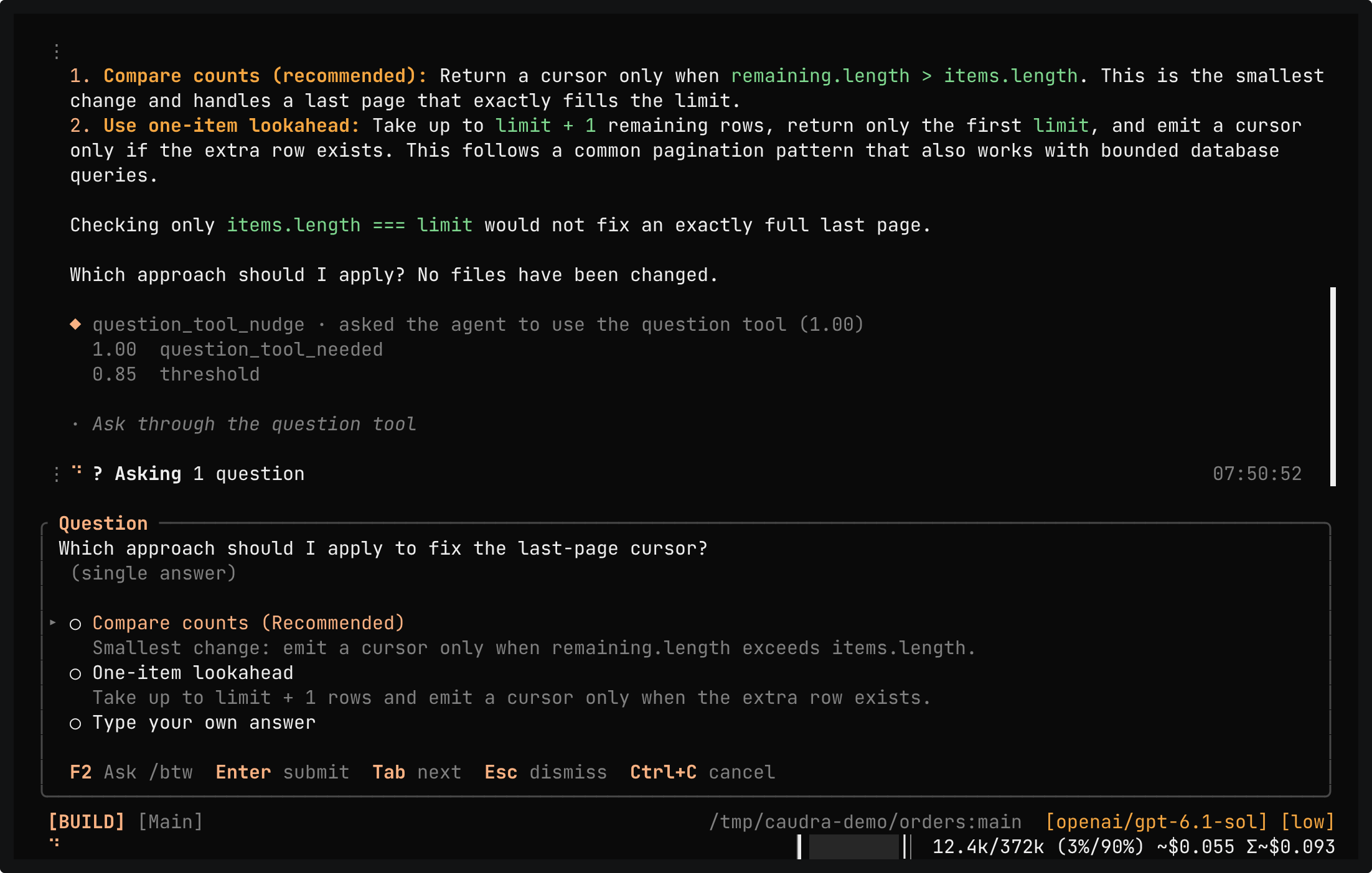 The prose reply ends with Which approach should I apply? No files have been changed. Below it, the opened decision row question_tool_nudge, asked the agent to use the question tool (1.00), lists question_tool_needed 1.00 and threshold 0.85, followed by the folded row Ask through the question tool. The question form below asks Which approach should I apply to fix the last-page cursor? and offers Compare counts (Recommended) and One-item lookahead.