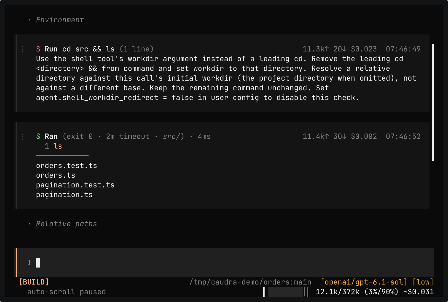 The refused call Run cd src && ls with its whole message, which asks for the workdir argument of the shell tool instead of a leading cd and names agent.shell_workdir_redirect = false to turn the check off. Below it, ls runs with workdir src/ and lists orders.test.ts, orders.ts, pagination.test.ts, and pagination.ts, followed by the folded row Relative paths.