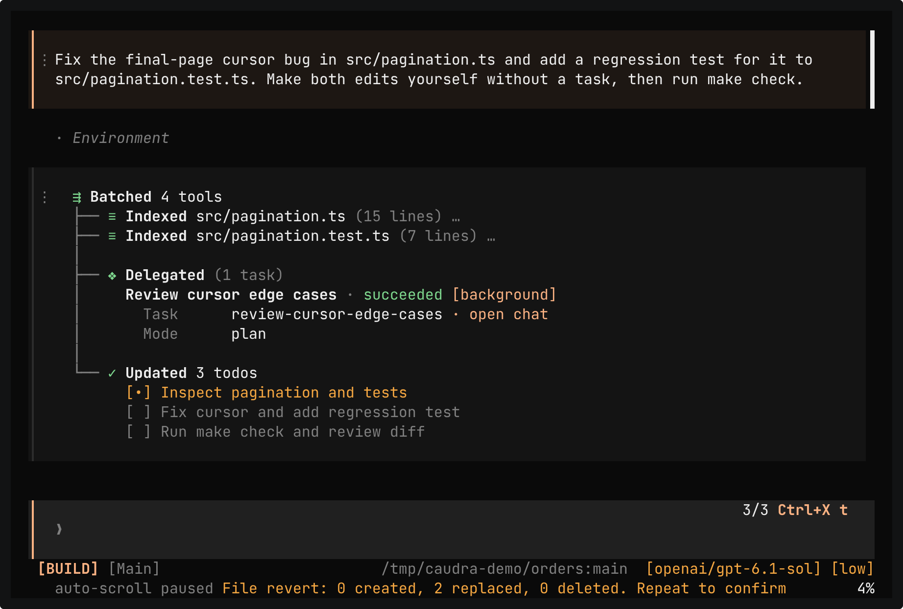 Caudra with the prompt that led to the fix at the top of the transcript: Fix the final-page cursor bug in src/pagination.ts and add a regression test for it to src/pagination.test.ts. The status row reads File revert: 0 created, 2 replaced, 0 deleted. Repeat to confirm.