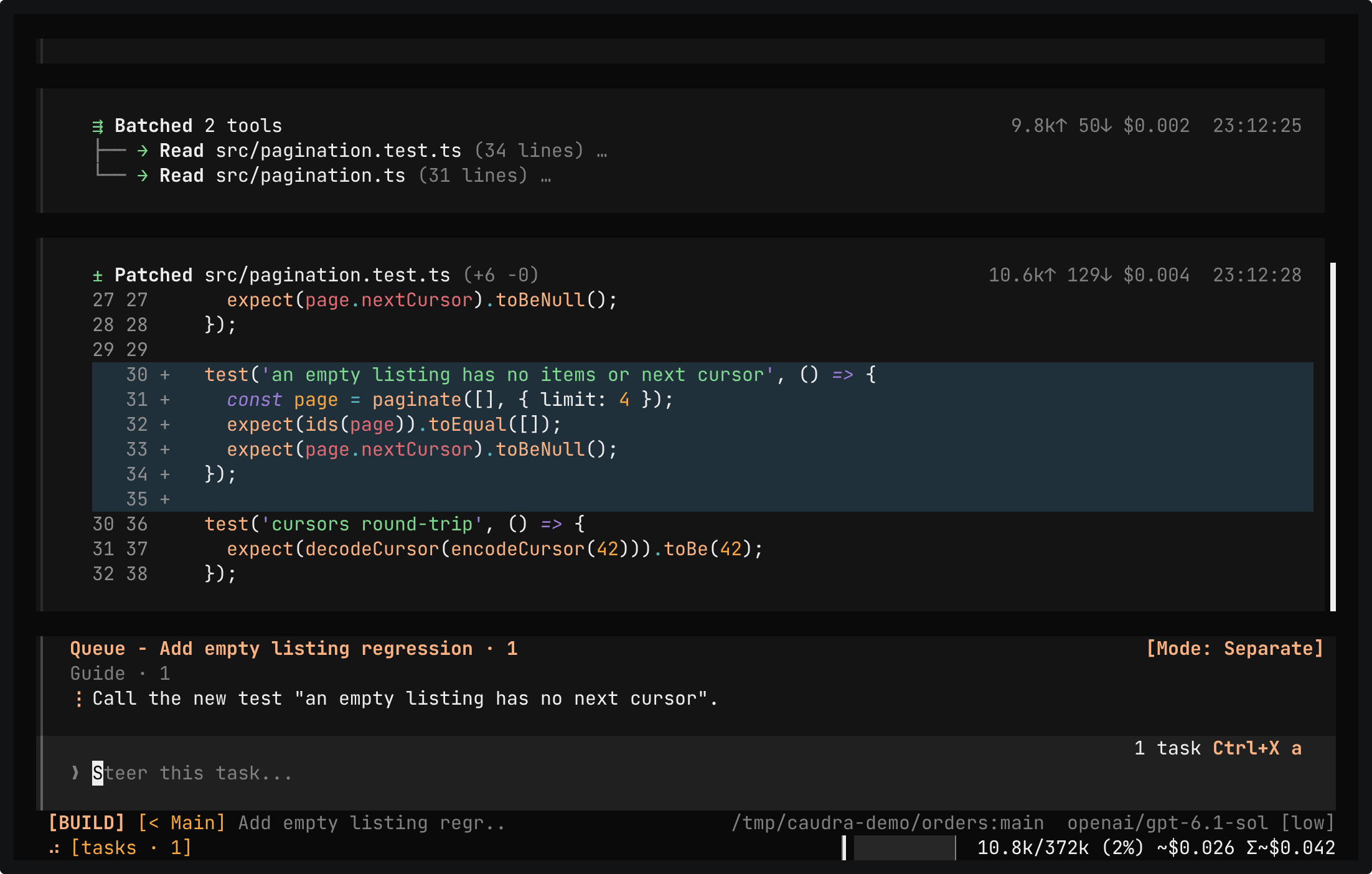 The chat of a running subagent. It has patched src/pagination.test.ts with a test named "an empty listing has no items or next cursor". Below the patch, your guidance, Call the new test "an empty listing has no next cursor", waits in the queue of the task until the subagent reads it.