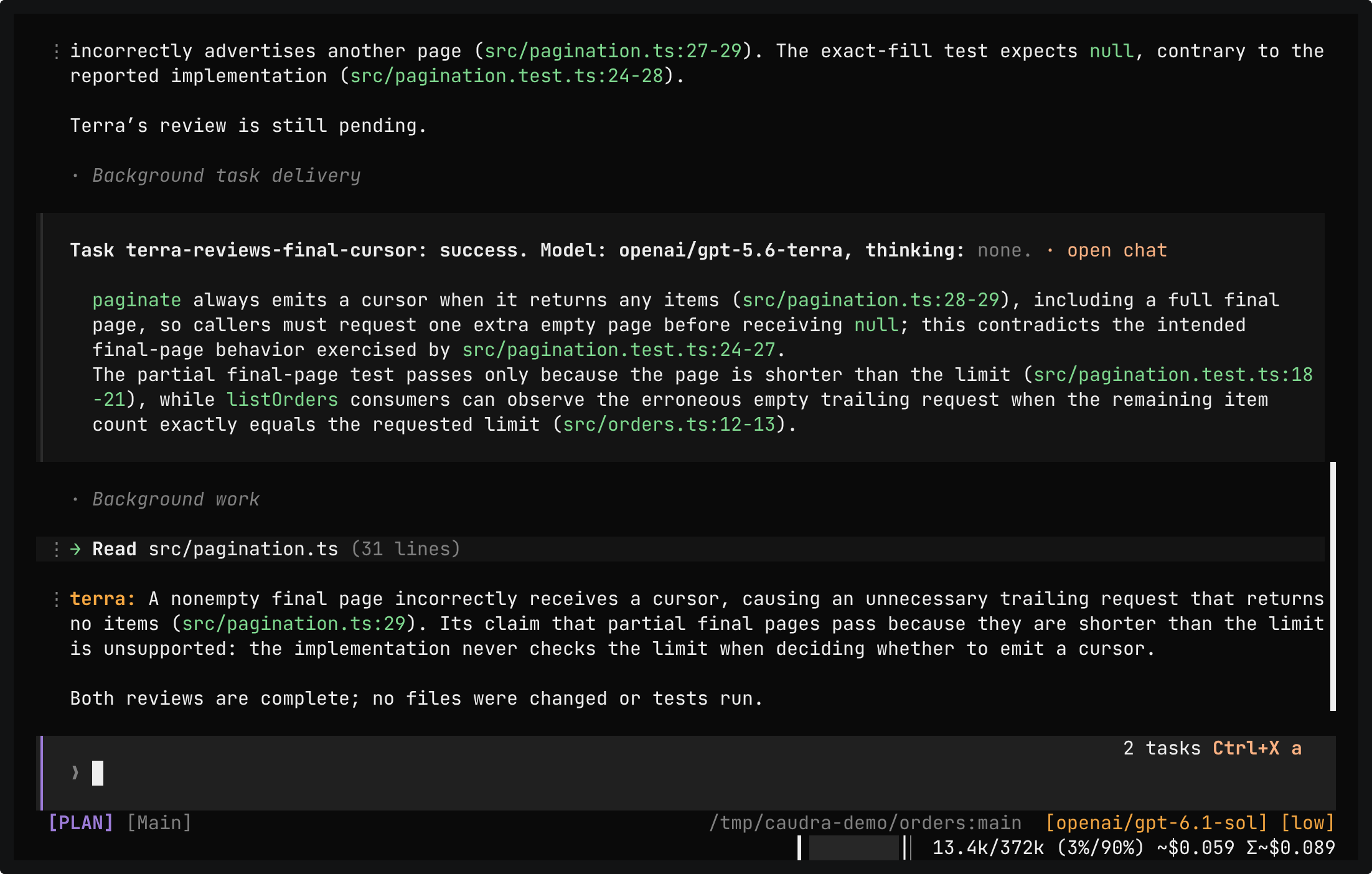 The delivery Task terra-reviews-final-cursor: success. Model: openai/gpt-5.6-terra, thinking: none, with its two-sentence review. Below it, the main agent reads src/pagination.ts, sums up the review of terra, and ends with Both reviews are complete. The status bar names openai/gpt-6.1-sol and PLAN.