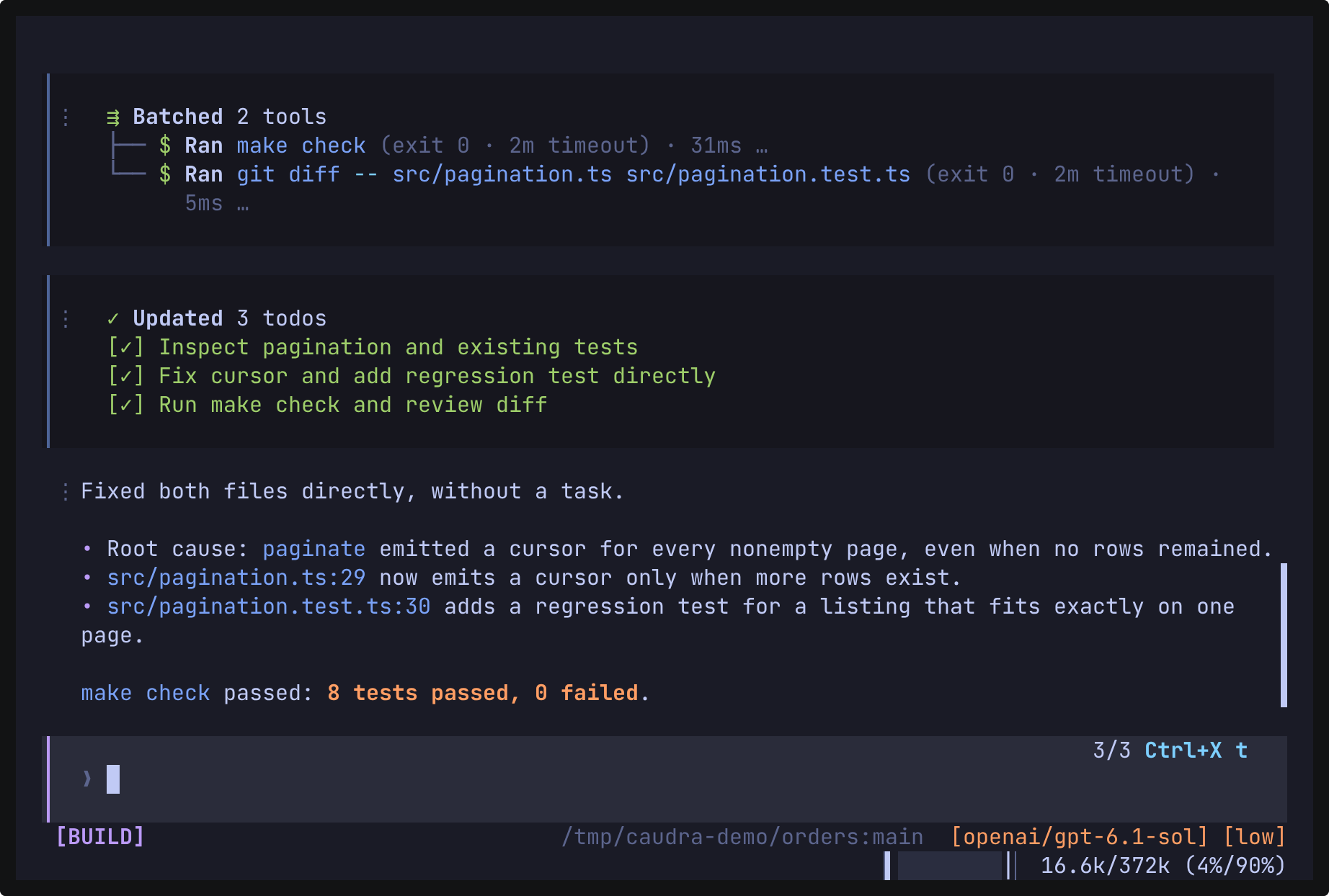 The finished session in the tokyonight theme, with a dark blue background, blue file paths, green todos, and orange test counts. The reply names the root cause, the change at src/pagination.ts:29, and the regression test at src/pagination.test.ts:30, and reports make check passed: 8 tests passed, 0 failed.